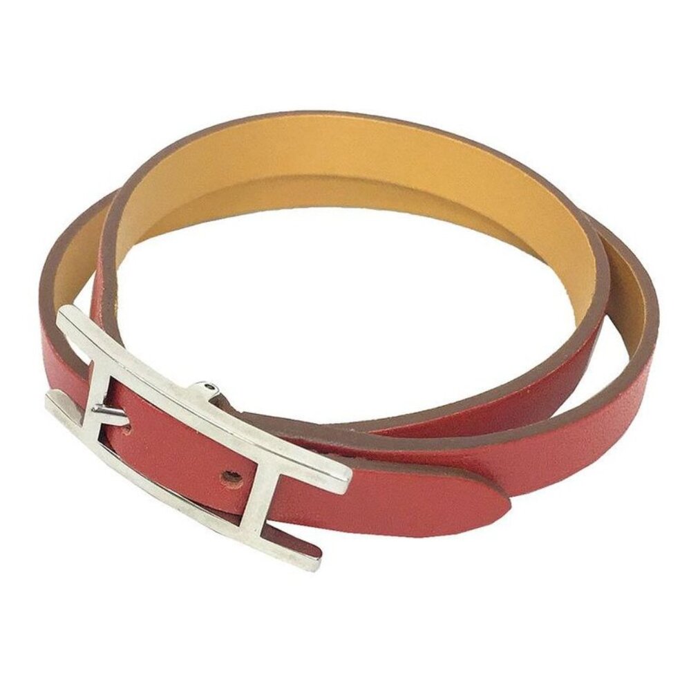 Hermes Leather Bracelet Beapi Double Tour Rouge Orange Mustard Aq8072